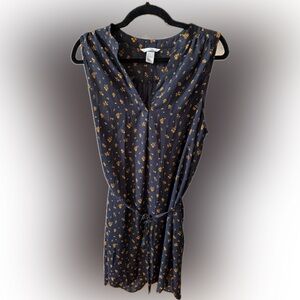 H&M Tie Waist Dress Navy w/ Orange Pattern Size 12